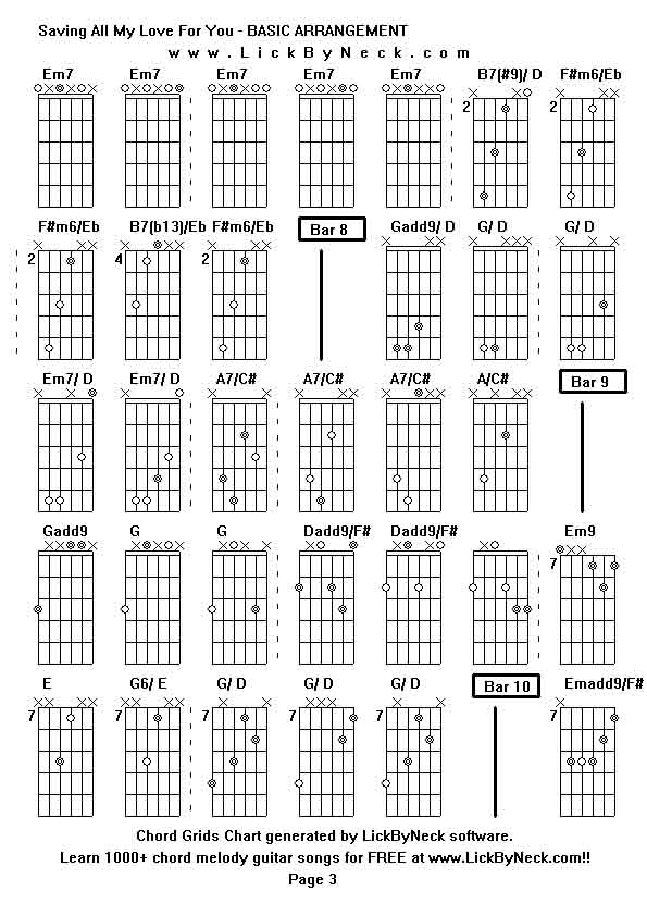 Chord Grids Chart of chord melody fingerstyle guitar song-Saving All My Love For You - BASIC ARRANGEMENT,generated by LickByNeck software.